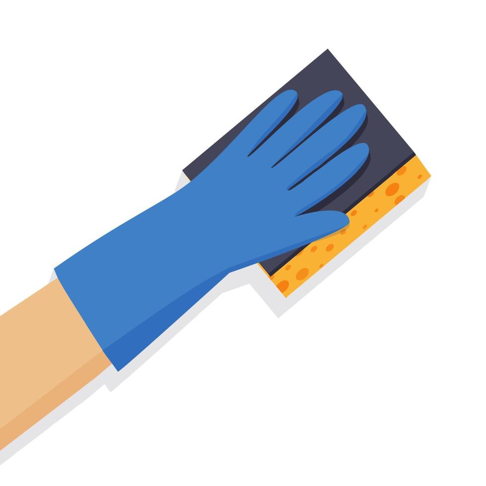 een gehandschoende hand- houdt een washandje. schoonmaak onderhoud. vector illustratie in vlak stijl