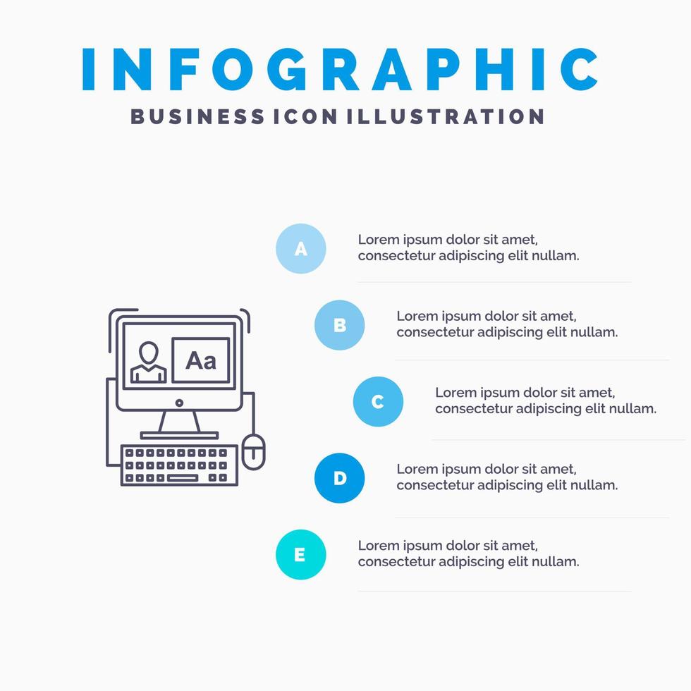 computer scherm software bewerken lijn icoon met 5 stappen presentatie infographics achtergrond vector