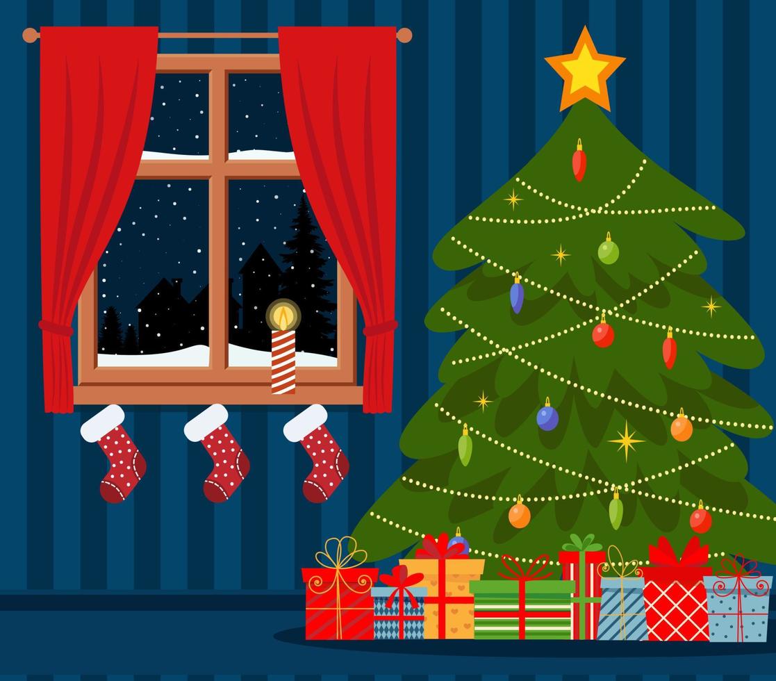 knus leven interieur Kerstmis met rood bank, geschenken, en boom. vector vlak stijl illustratie.