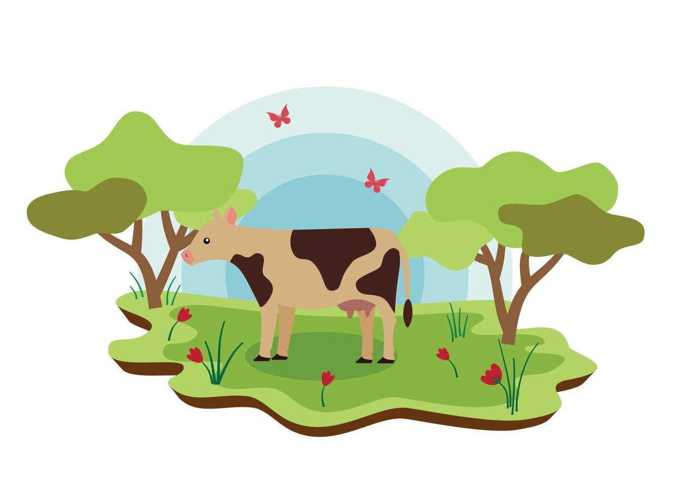 schattig boerderij dieren koe met voorjaar landschap. vector tekenfilm illustratie