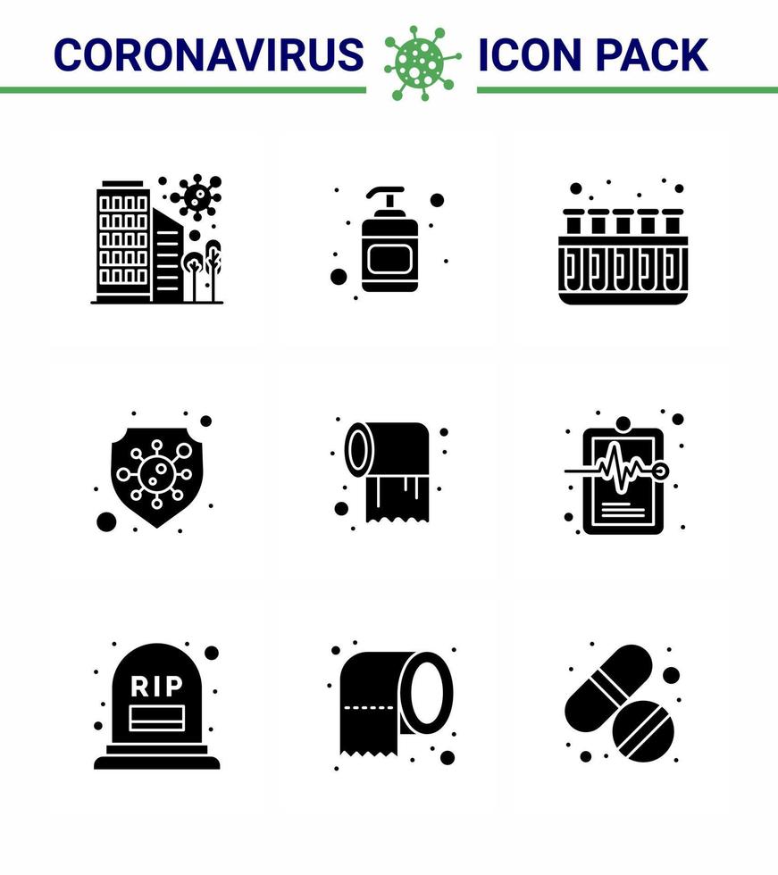 coronavirus bewustzijn pictogrammen 9 solide glyph zwart icoon corona virus griep verwant zo net zo papier schild ontsmettingsmiddel veiligheid laboratorium virale coronavirus 2019november ziekte vector ontwerp elementen