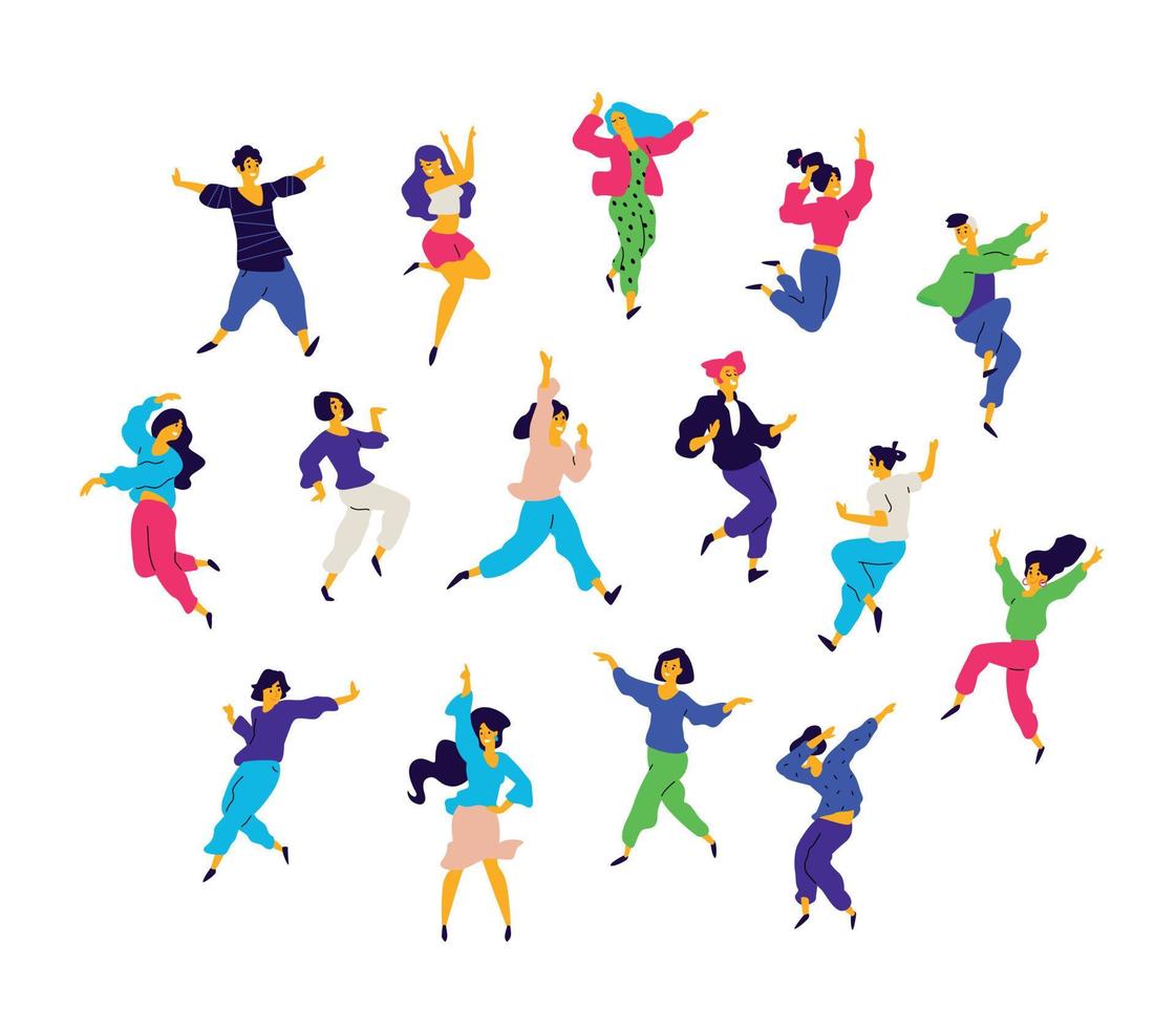 een groep dansende mensen in verschillende poses en emoties. vector. illustraties van mannen en vrouwen. vlakke stijl. een groep gelukkige tieners danst en heeft plezier. figuur voor verpakking. vector