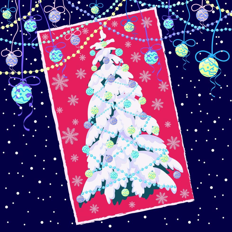een vrolijk, helder ontwerp van een vakantie kaart met een versierd Kerstmis boom in een rood kader Aan een donker blauw achtergrond met ballonnen, slingers en sneeuwvlokken. de concept van Kerstmis en nieuw jaar vector