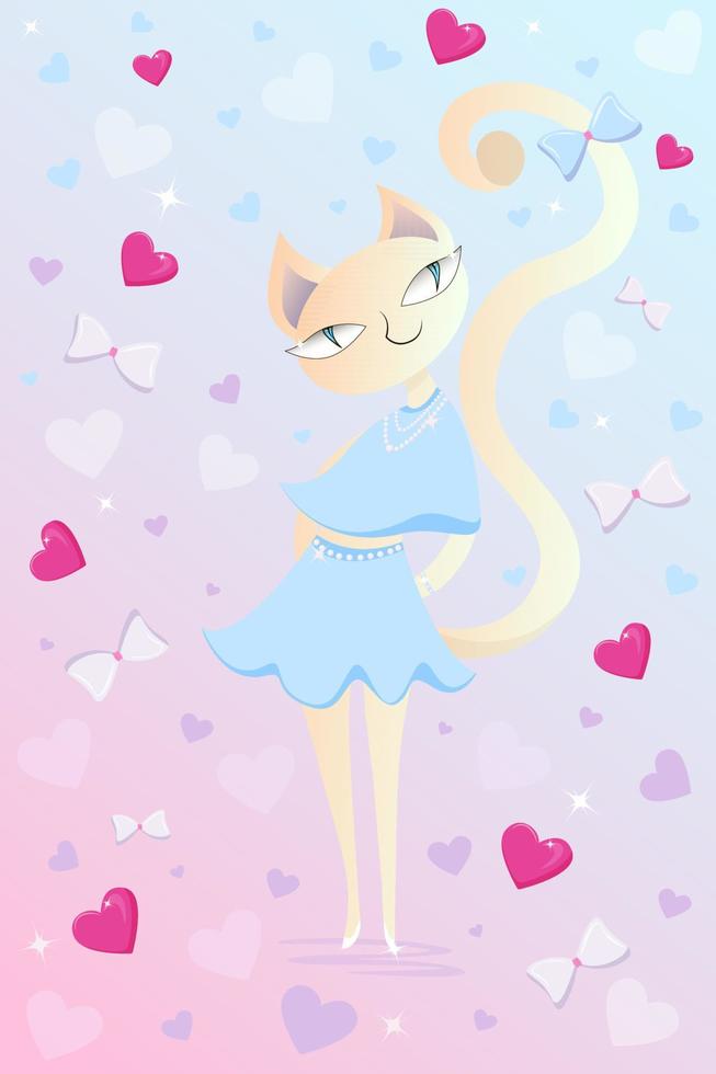 een feestelijk groet kaart met een elegant kat gekleed in een pale blauw blouse met een rok. harten en bogen Aan een zacht roze achtergrond. de concept van verjaardag, Valentijnsdag dag vector