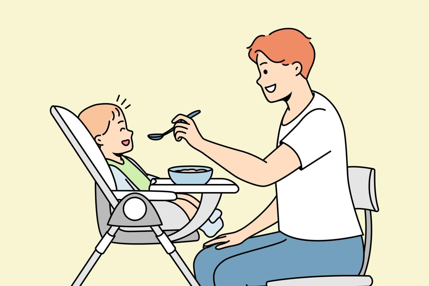 jong vader feeds baby zittend in hoge stoel van lepel. gelukkig vaderschap. Mens geeft voedsel naar zijn weinig zoon. liefde in familie, zorg voor peuter. vector contour lijn kleurrijk illustratie.