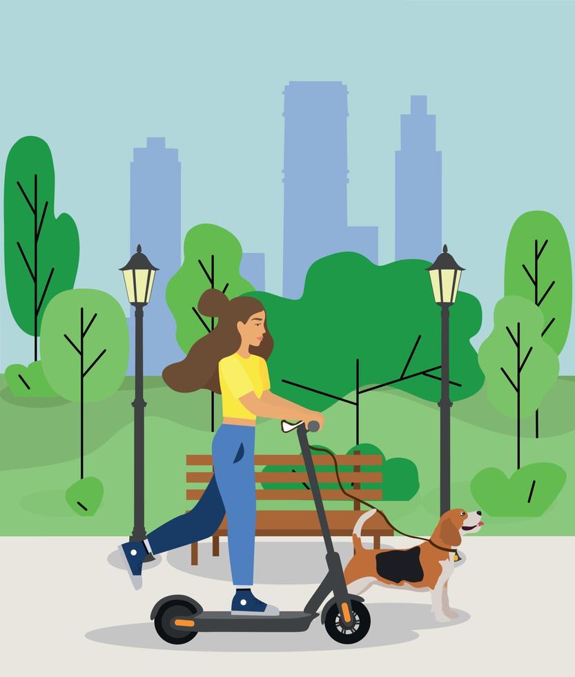 meisje Aan een elektrisch scooter voor een wandelen in de park met een brak hond. modern ecologisch vervoer. modern levensstijl, technologie. eco vervoer voor stedelijk levensstijl. kan worden verhuurd voor een snel rijden. vector