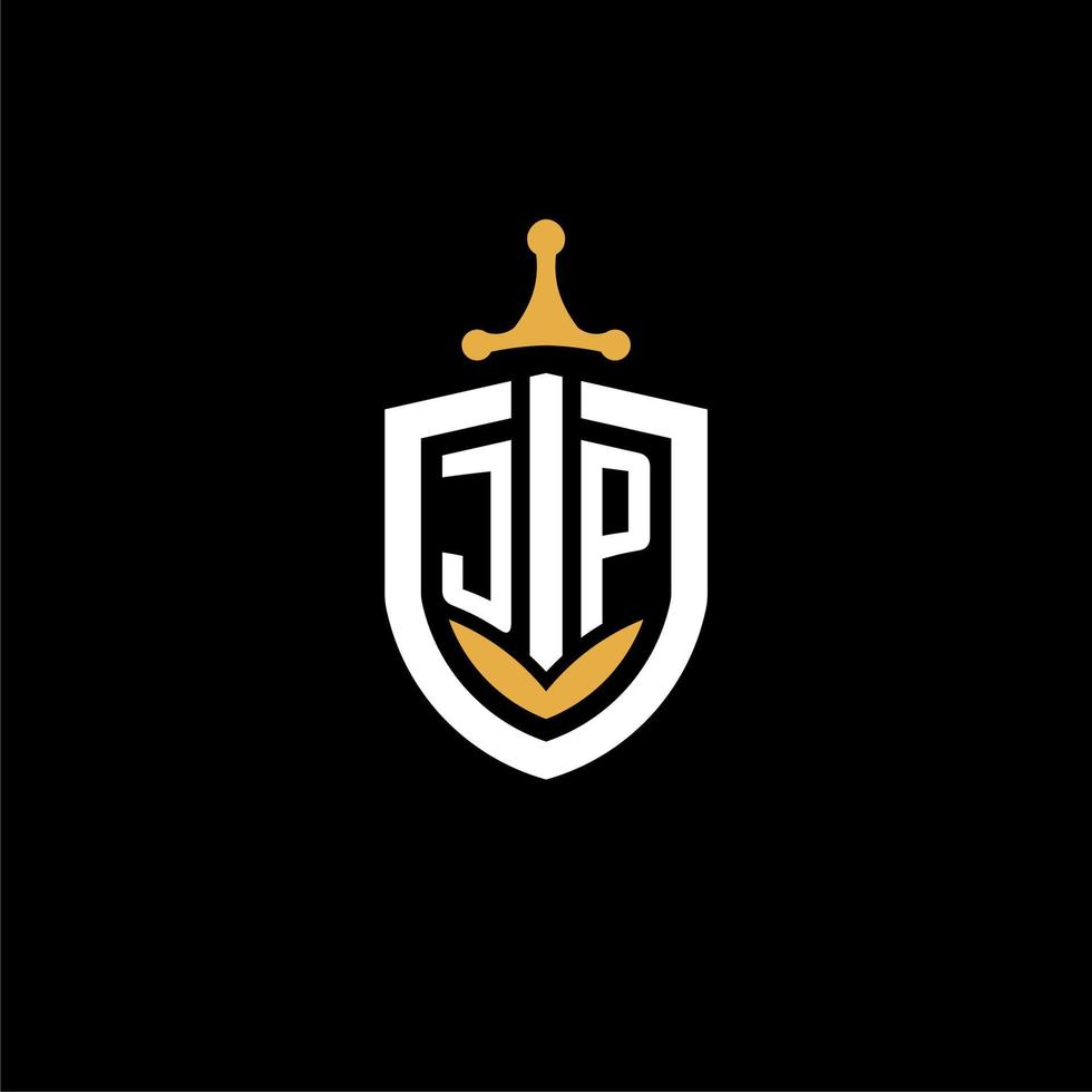 creatief brief jp logo gaming esport met schild en zwaard ontwerp ideeën vector