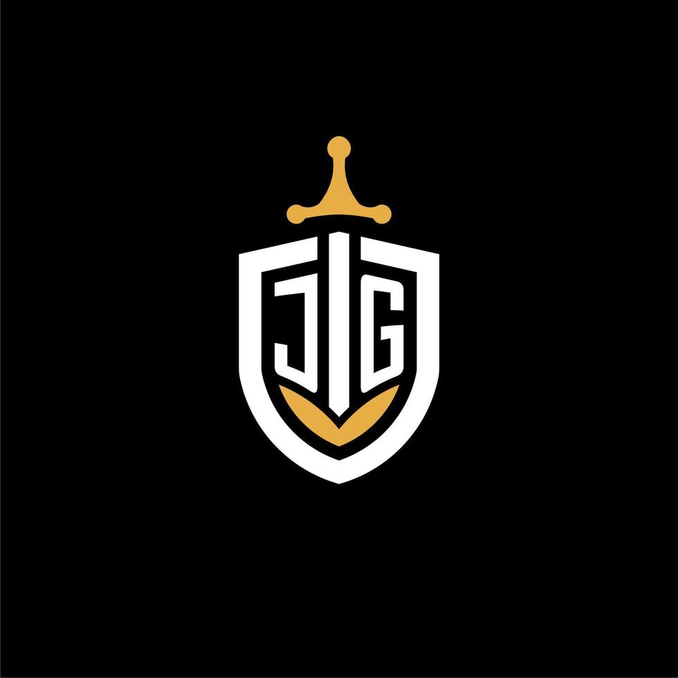 creatief brief jg logo gaming esport met schild en zwaard ontwerp ideeën vector