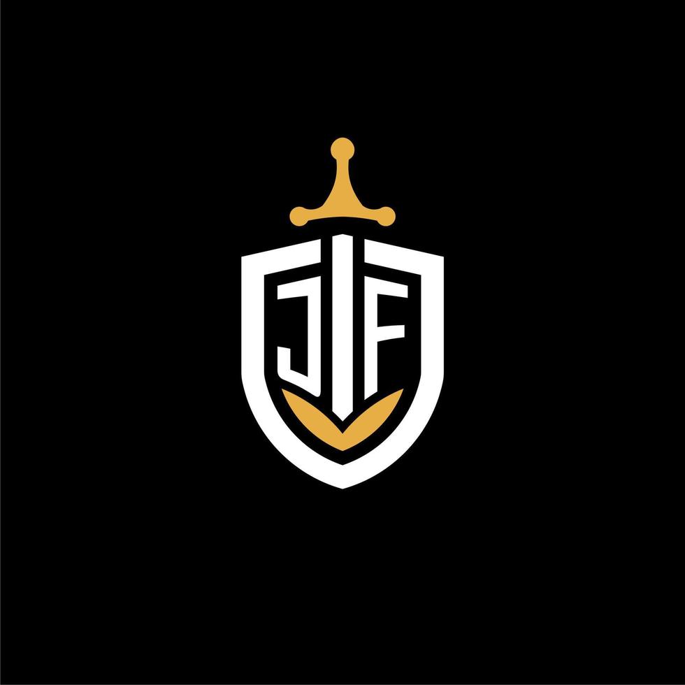 creatief brief jf logo gaming esport met schild en zwaard ontwerp ideeën vector