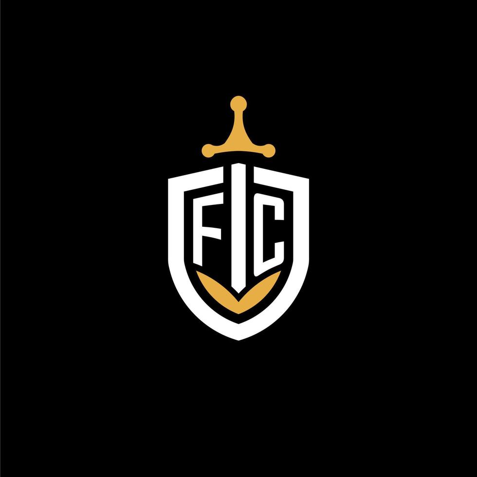creatief brief fc logo gaming esport met schild en zwaard ontwerp ideeën vector