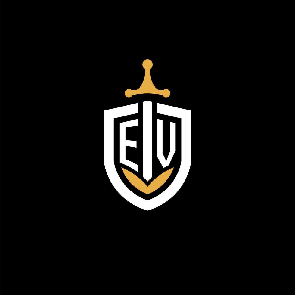 creatief brief ev logo gaming esport met schild en zwaard ontwerp ideeën vector