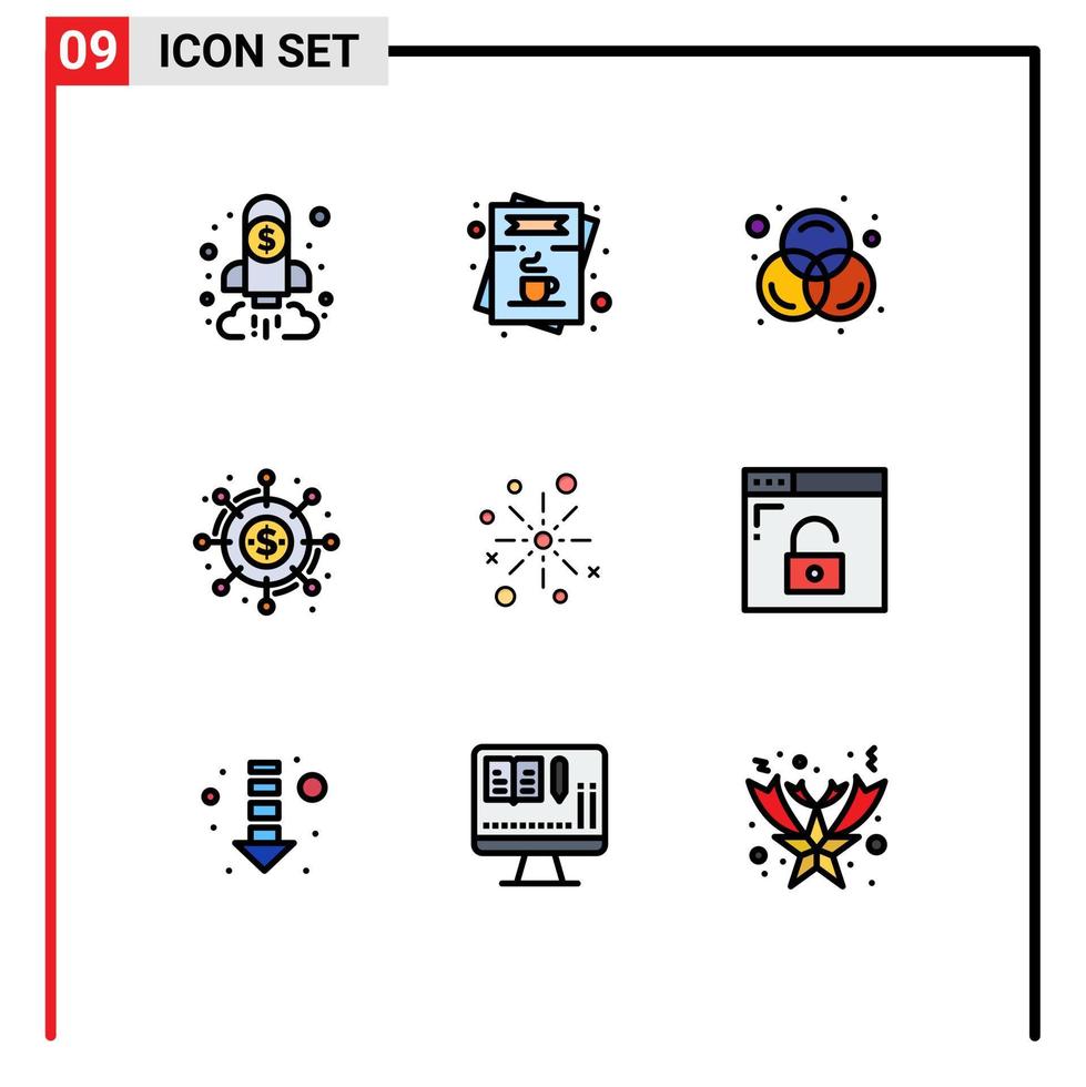 modern reeks van 9 gevulde lijn vlak kleuren en symbolen zo net zo fondsen crowdsourcing menu menigte financiering rgb bewerkbare vector ontwerp elementen