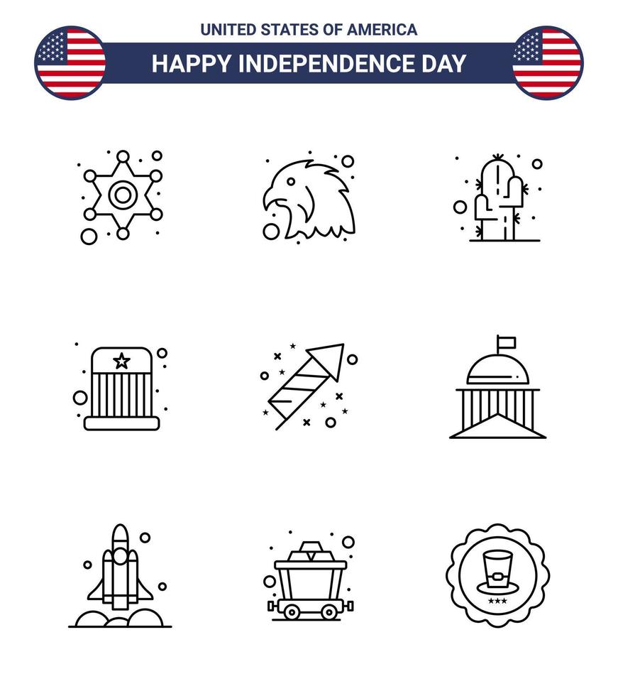 9 lijn tekens voor Verenigde Staten van Amerika onafhankelijkheid dag vuurwerk viering bloem hoed vermaak bewerkbare Verenigde Staten van Amerika dag vector ontwerp elementen