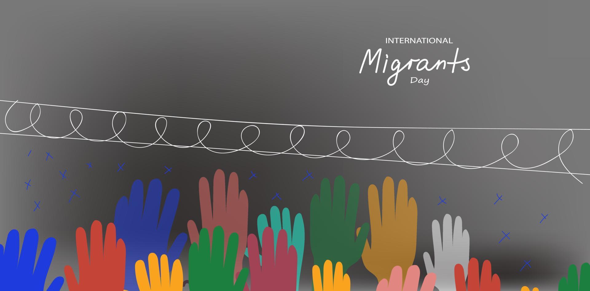 internationaal migrantendag. veelkleurig vector donker mode horizontaal vlak tekening illustratie voor sociaal media banier, poster