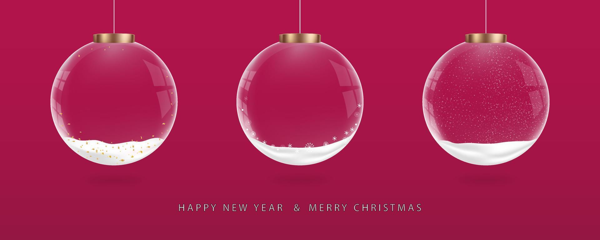 Kerstmis glas kerstballen transparant ballen met sneeuw, kerstmis kristal gebied decoraties geïsoleerd Aan viva magenta kleur achtergrond.vector realistisch 3d ontwerp element voor kerst, nieuw jaar.kleur neiging 2023 vector