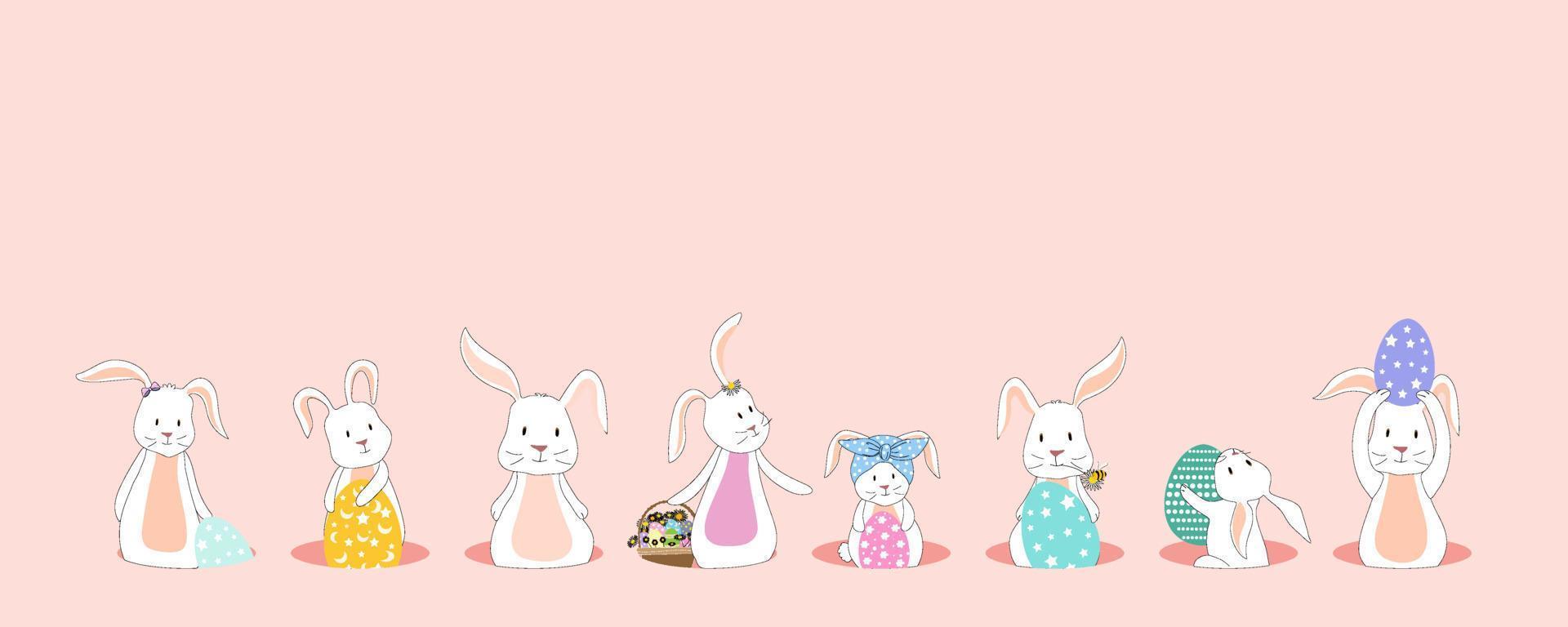 gelukkig Pasen groet kaart met schattig wit konijn en eieren. Pasen konijn karakter setset Aan beige achtergrond. vector illustratie horizon banier met tekenfilm dier dieren in het wild vakantie