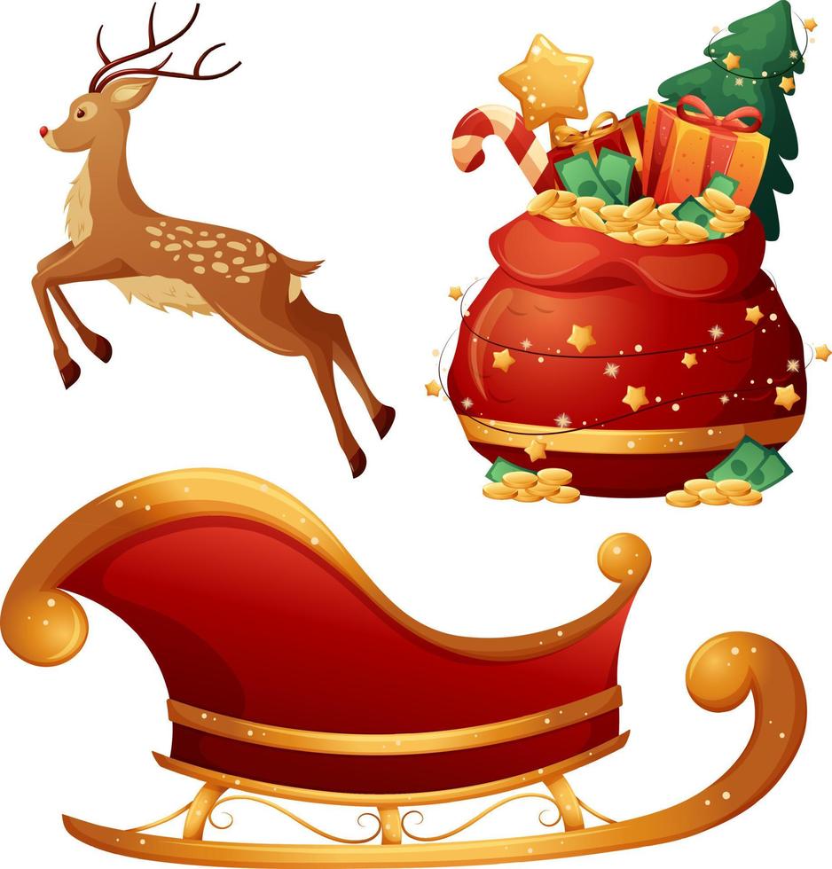 reeks van Kerstmis geschenk items met de kerstman claus tas, rendier en slee vector