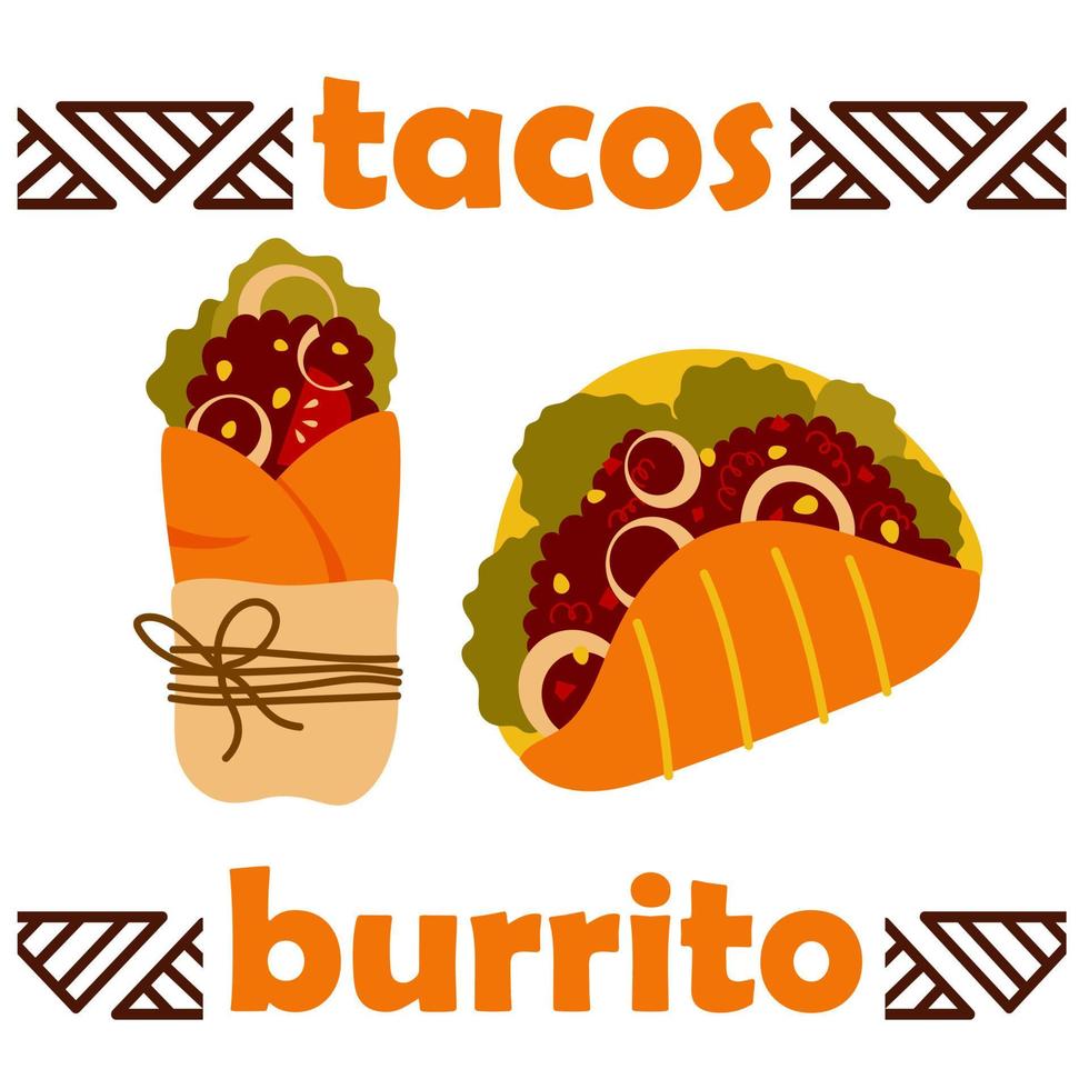 taco's en burrito's Mexicaans voedsel. vector tekenfilm illustratie