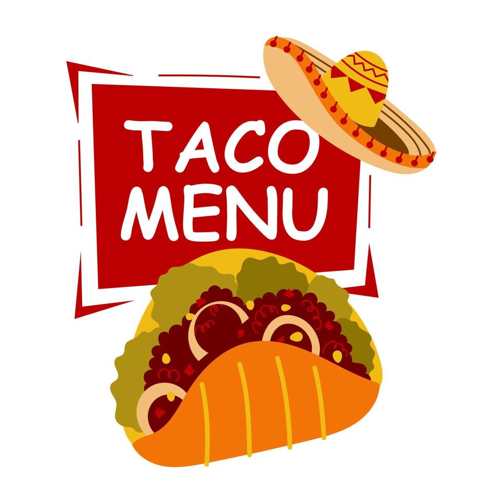 Mexicaans voedsel taco menu Aan rood achtergrond met sombrero. Mexicaans keuken vector