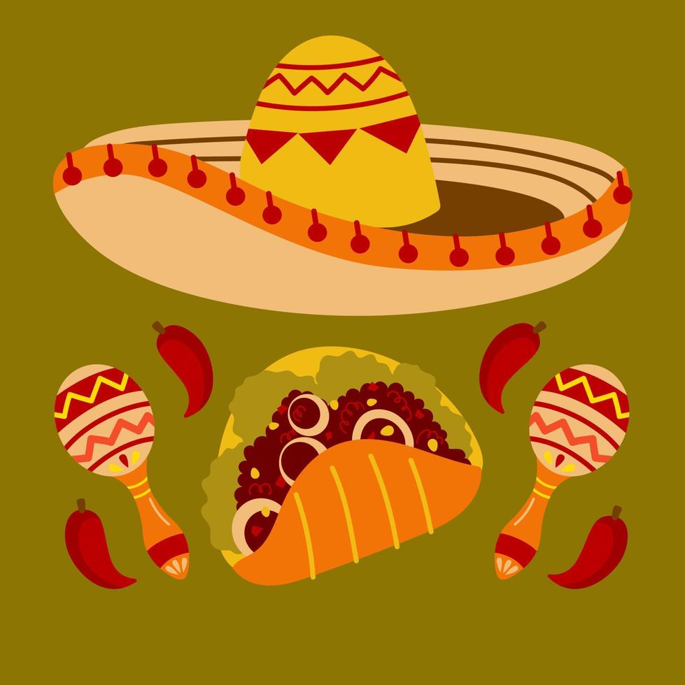 Mexicaans cultuur elementen, sombrero, maracas, taco, peper vector