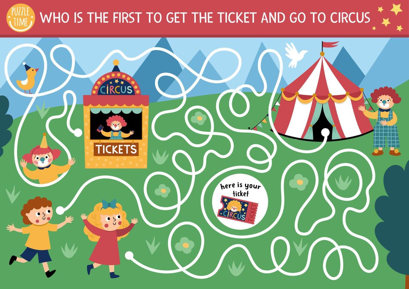 circus doolhof voor kinderen met jongen, meisje, ticket. amusement tonen peuter- afdrukbare werkzaamheid met clown, feesttent. vermaak festival labyrint spel of puzzel. wie is de eerste naar krijgen ticket vector