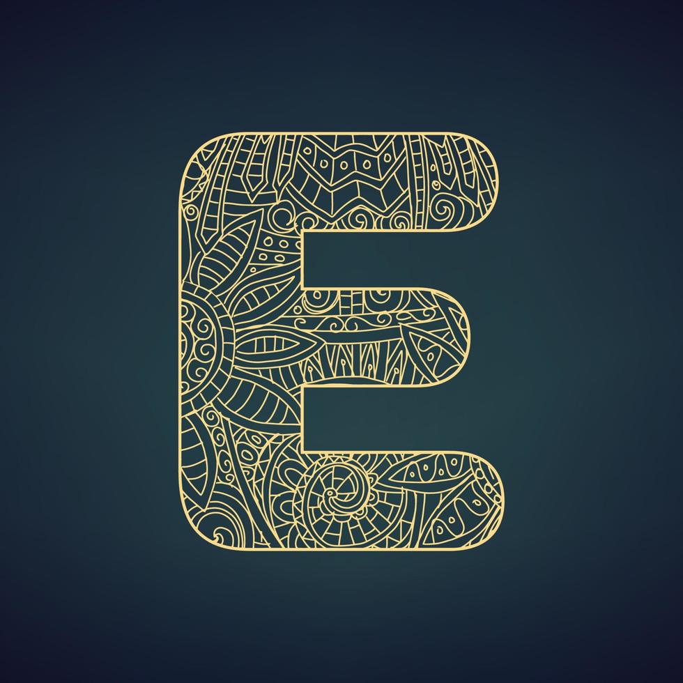 brief e in tekening stijl, mandala. alfabet in de gouden stijl, vector illustratie voor kleur bladzijde