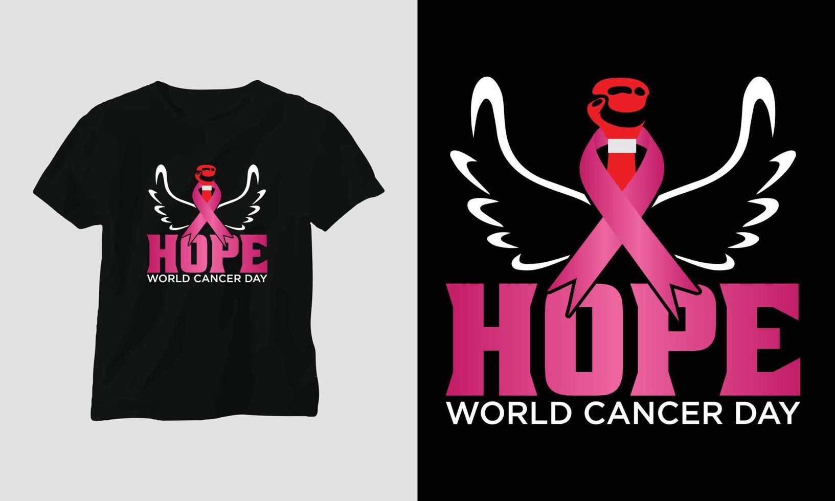 wereld kanker dag t-shirt ontwerp met lint, vuist, liefde, vlinder, en motiverende citaten vector