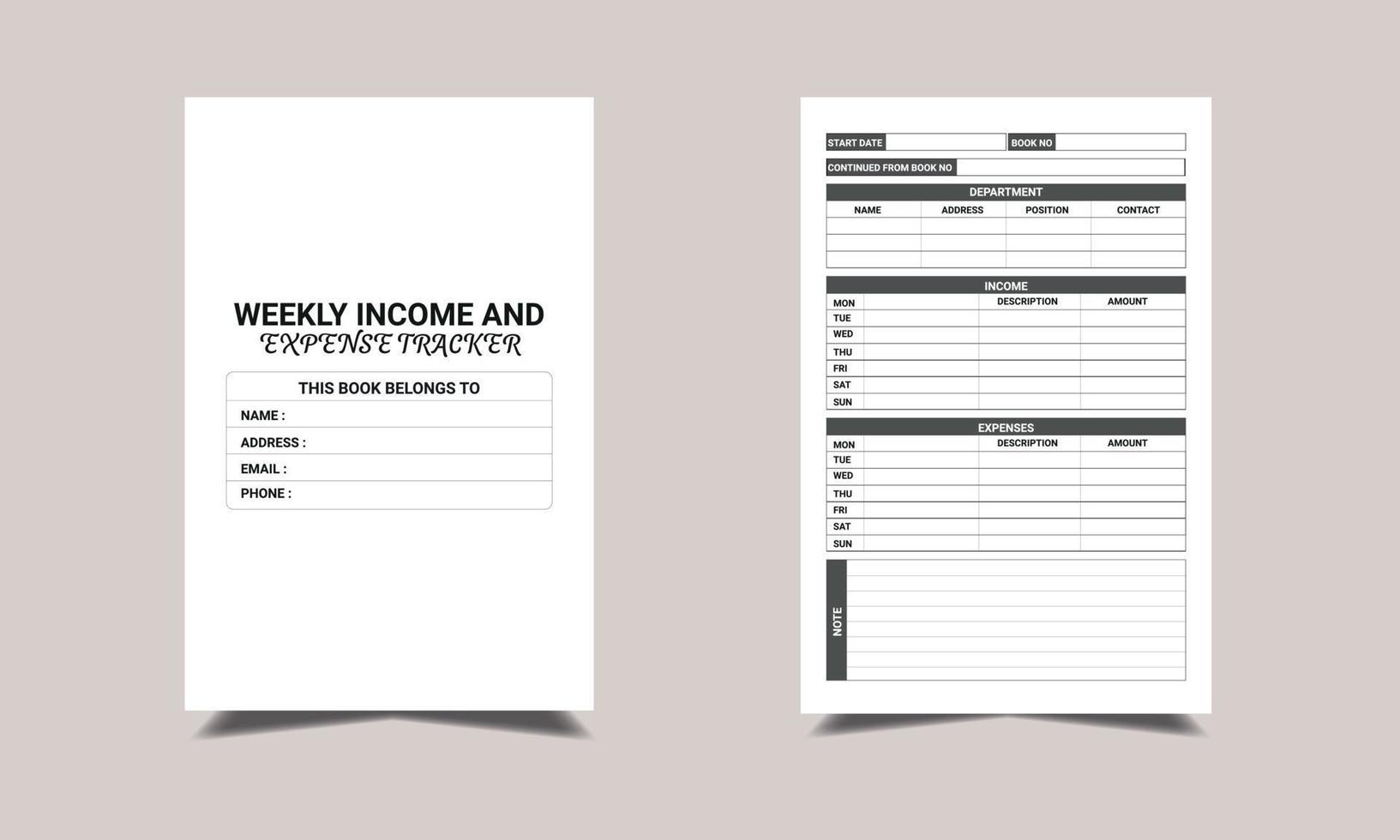 wekelijks inkomen en kosten tracker kdp interieur ontwerp. afdrukbare logboek vector