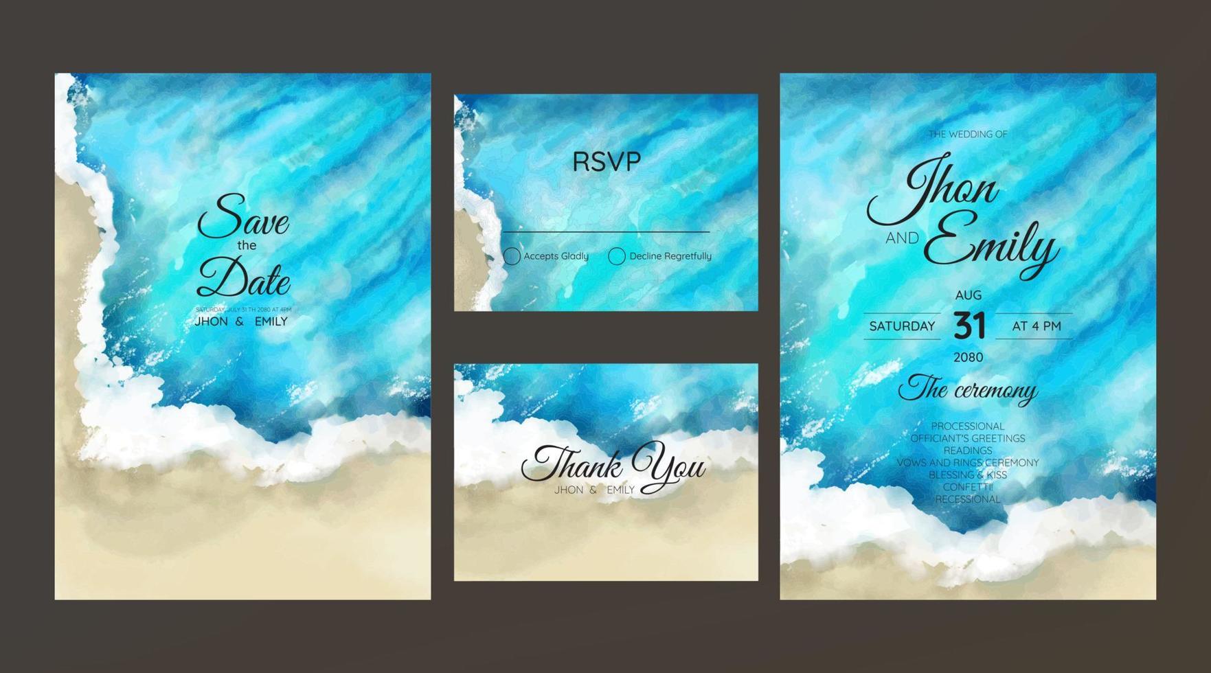 bruiloft kaarten, uitnodiging. opslaan de datum zee stijl ontwerp. romantisch strand bruiloft zomer achtergrond vector