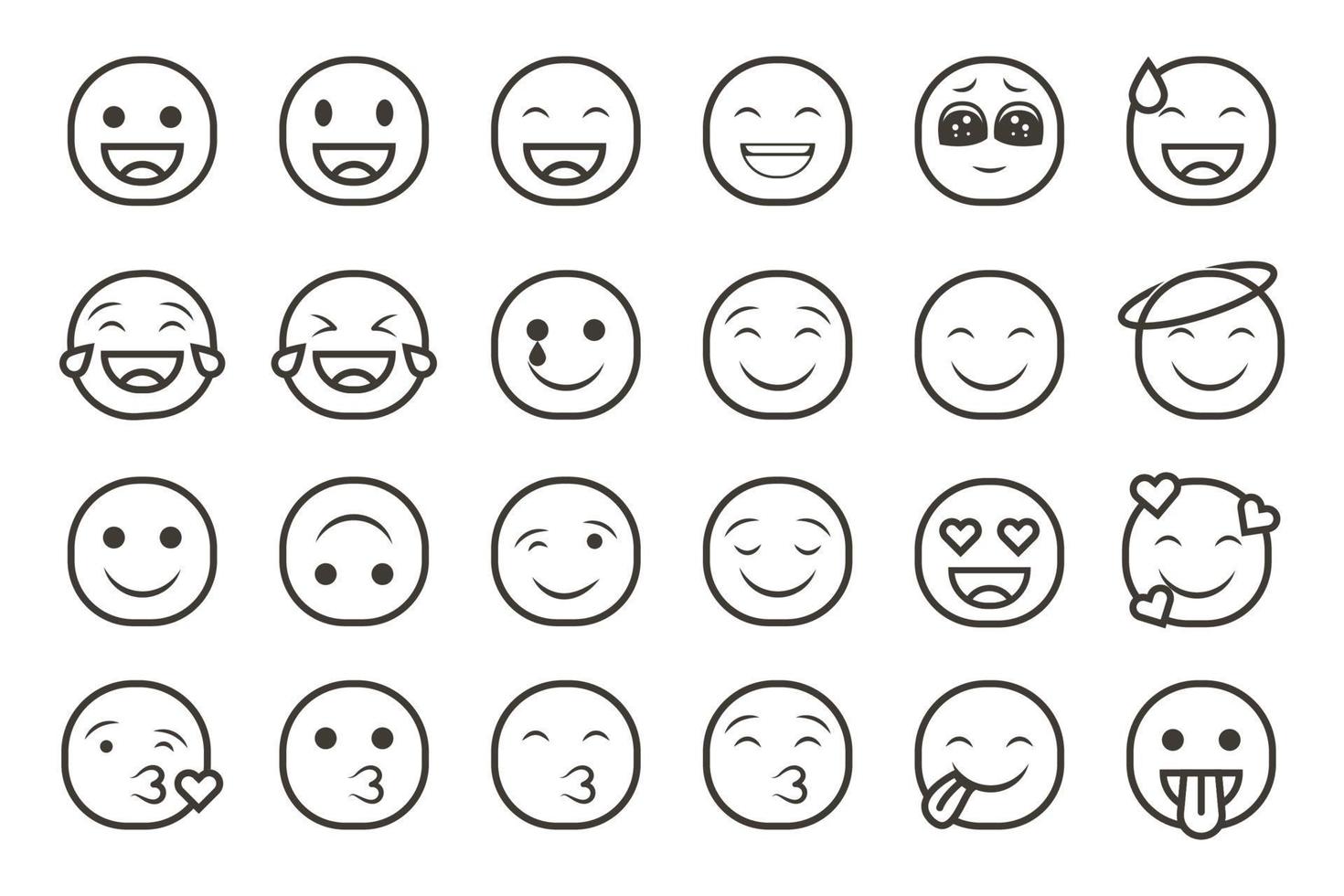 reeks van emoticon smiley pictogrammen. tekenfilm emoji reeks met glimlach, verdrietig, Vrolijk, en vlak emotie in lijn kunst stijl vector