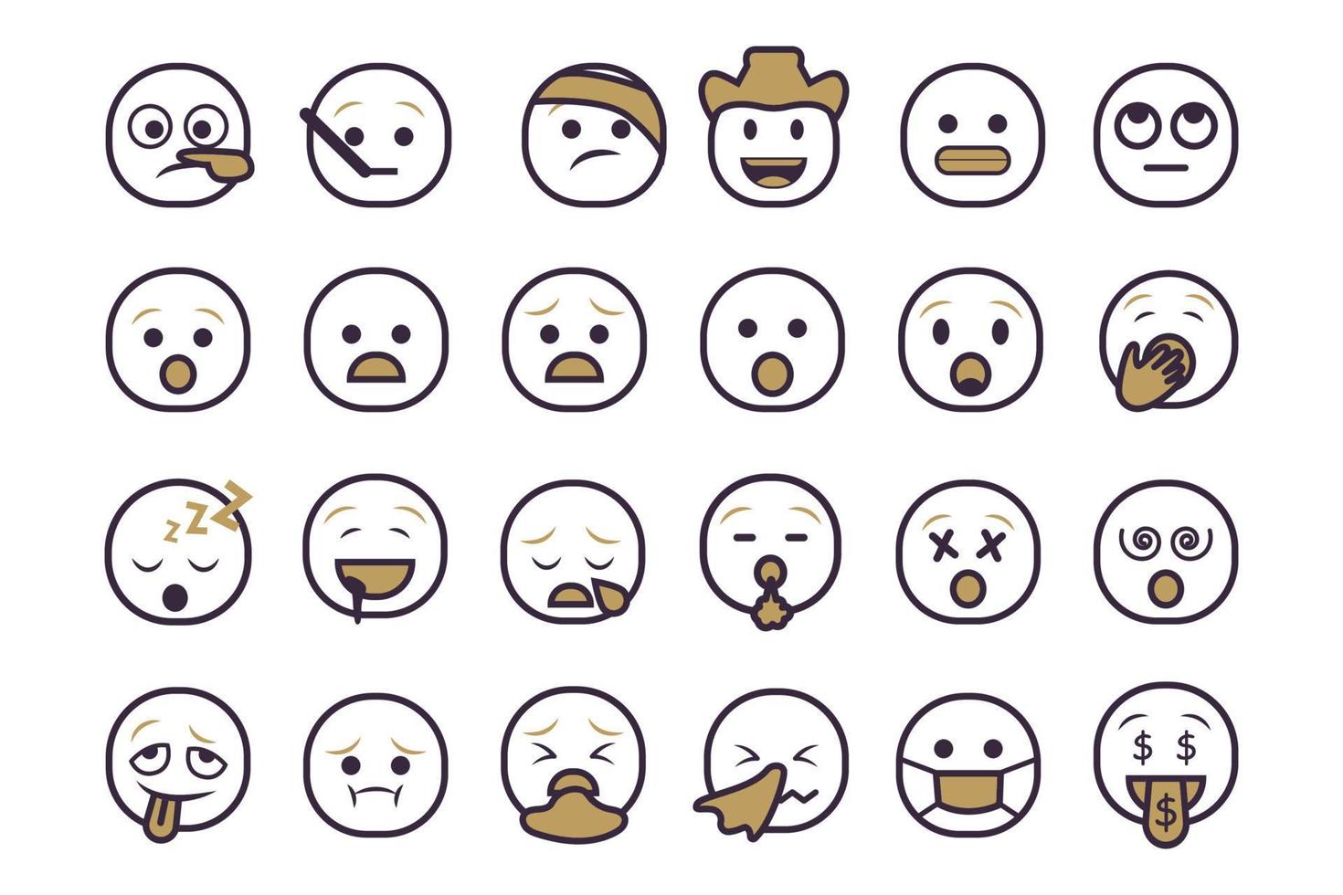 reeks van emoticon smiley pictogrammen. tekenfilm emoji reeks met glimlach, verdrietig, Vrolijk, en vlak emotie in twee toon stijl vector