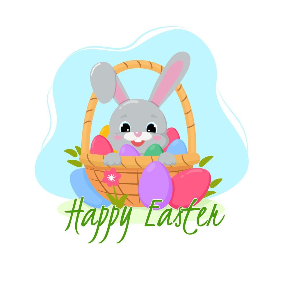 gelukkig Pasen. groet kaart of een posters met Pasen mand, konijn, voorjaar bloemen en Pasen ei. vector illustratie.