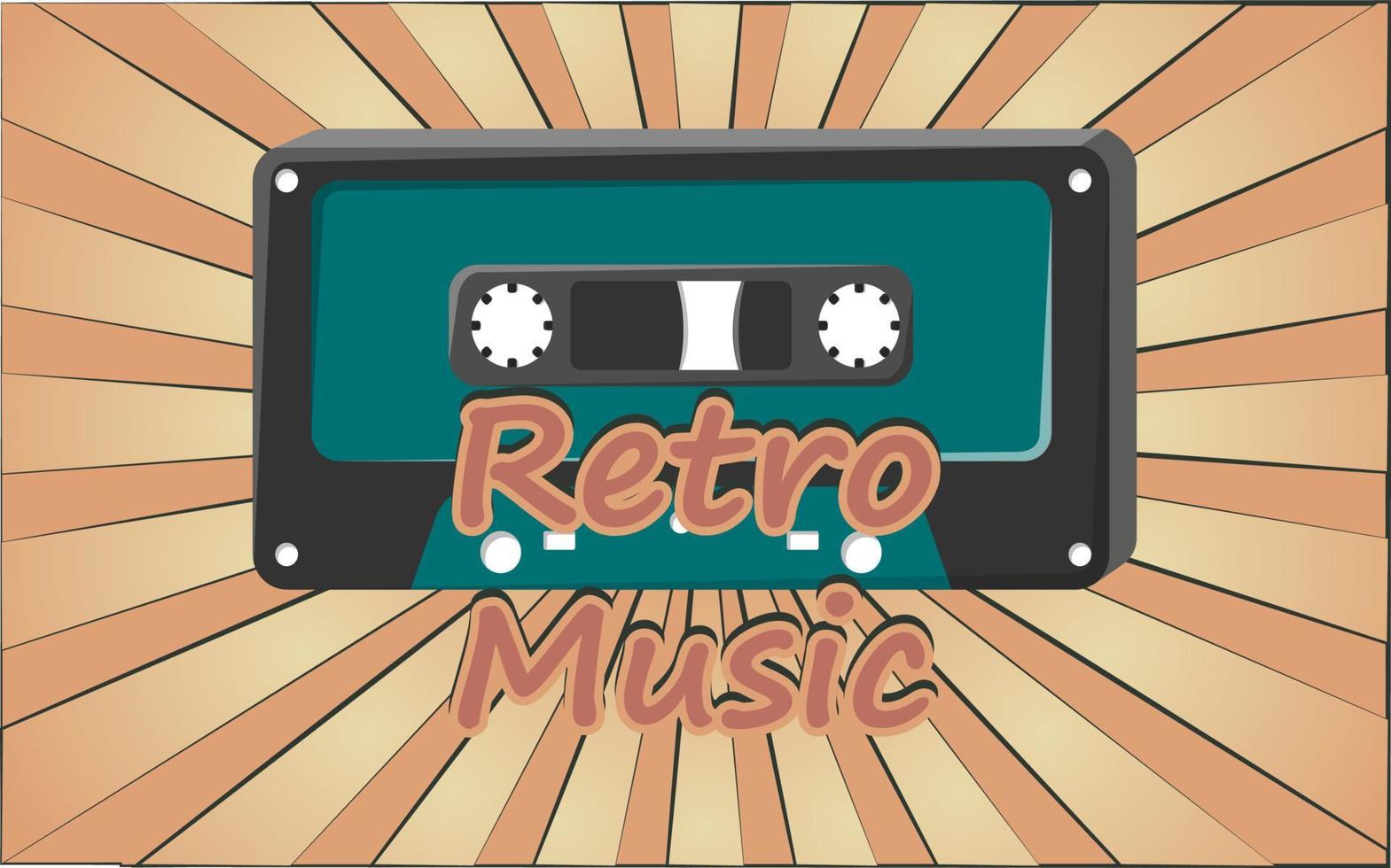 oud retro wijnoogst poster met muziek- audio cassette voor audio plakband opnemer met magnetisch plakband van jaren 70, jaren 80, 90s tegen de achtergrond van de bruin stralen van de zon. vector illustratie