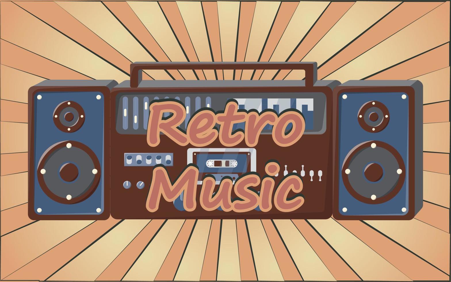 oud retro wijnoogst poster met muziek- cassette plakband opnemer met magnetisch plakband babbel Aan haspels en luidsprekers van de jaren 70, jaren 80, 90s de achtergrond van de bruin stralen van de zon. vector illustratie