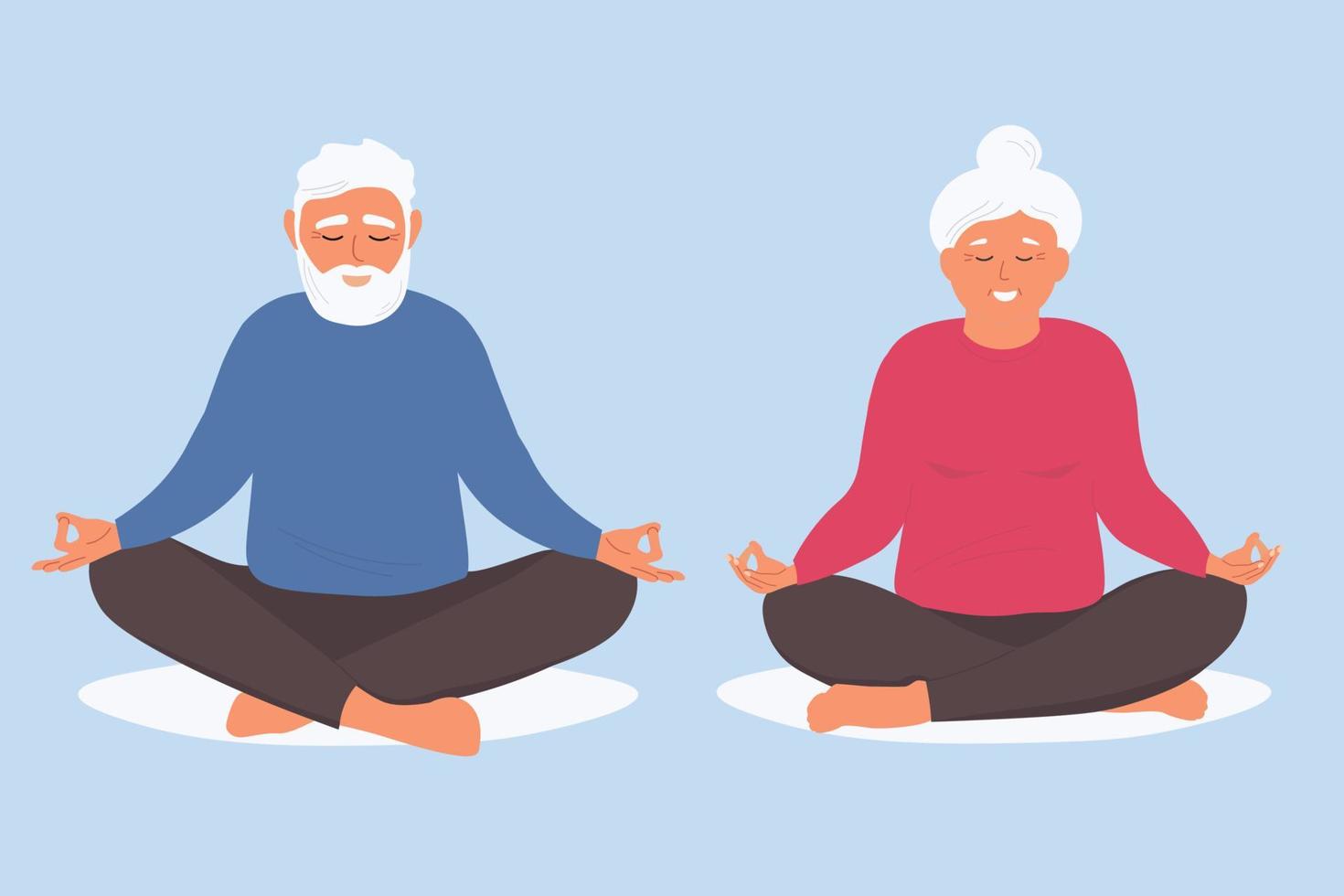 een ouderen paar is zittend in de lotus positie. oud mensen Doen yoga. vector grafiek.