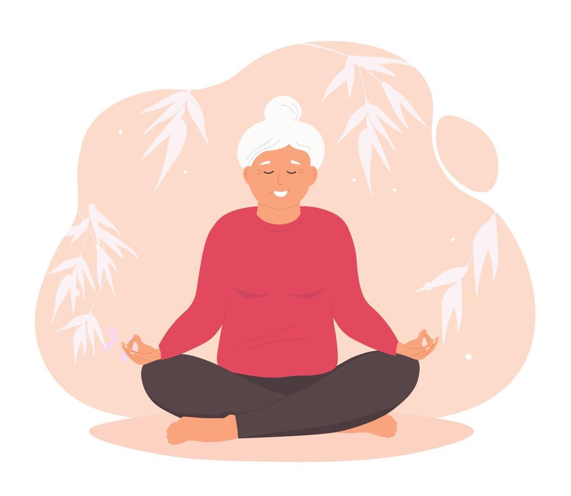 een ouderen vrouw is zittend in de lotus positie, met gekruiste benen, het uitvoeren van yoga asana's. de oud dame doet Sportschool, monitoren haar Gezondheid. vector grafiek.