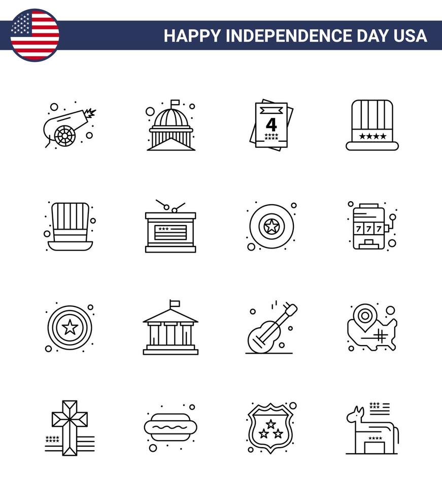 groot pak van 16 Verenigde Staten van Amerika gelukkig onafhankelijkheid dag Verenigde Staten van Amerika vector lijnen en bewerkbare symbolen van hoed Verenigde Staten van Amerika wit Amerikaans hoed bewerkbare Verenigde Staten van Amerika dag vector ontwerp elementen