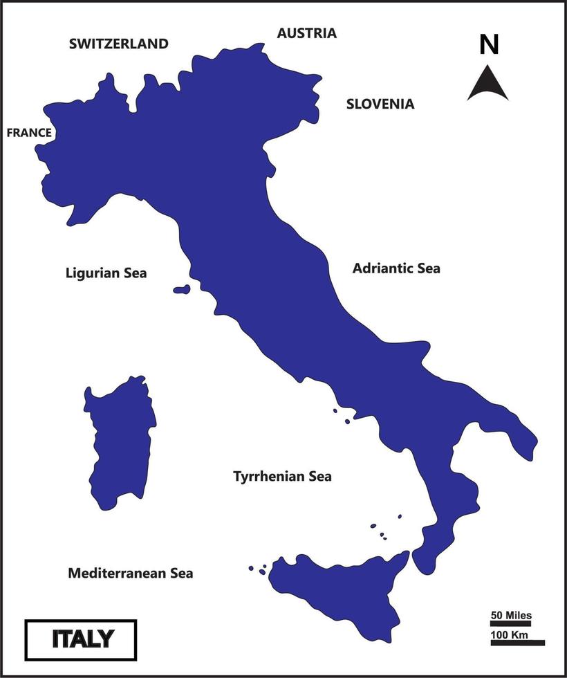 kaart van Italië met blauw land kleur en wit achtergrond en landen grens, Frankrijk, Zwitserland, Oostenrijk, Slovenië. vector, geïsoleerd vector