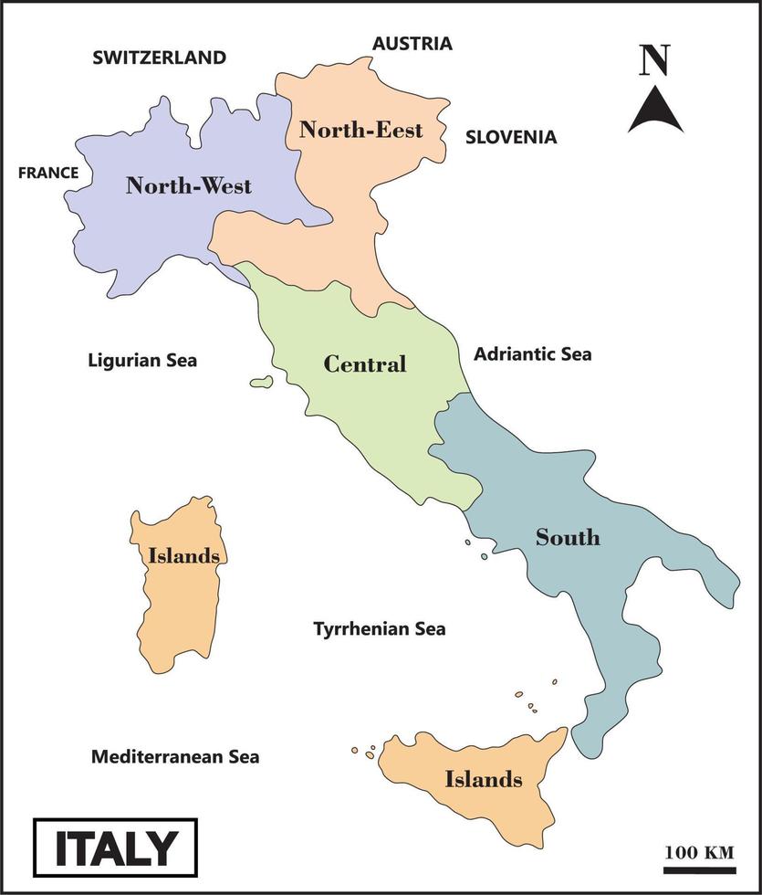 kaart van Italië met vijf Regio's Aan kleurrijk en wit achtergrond vector
