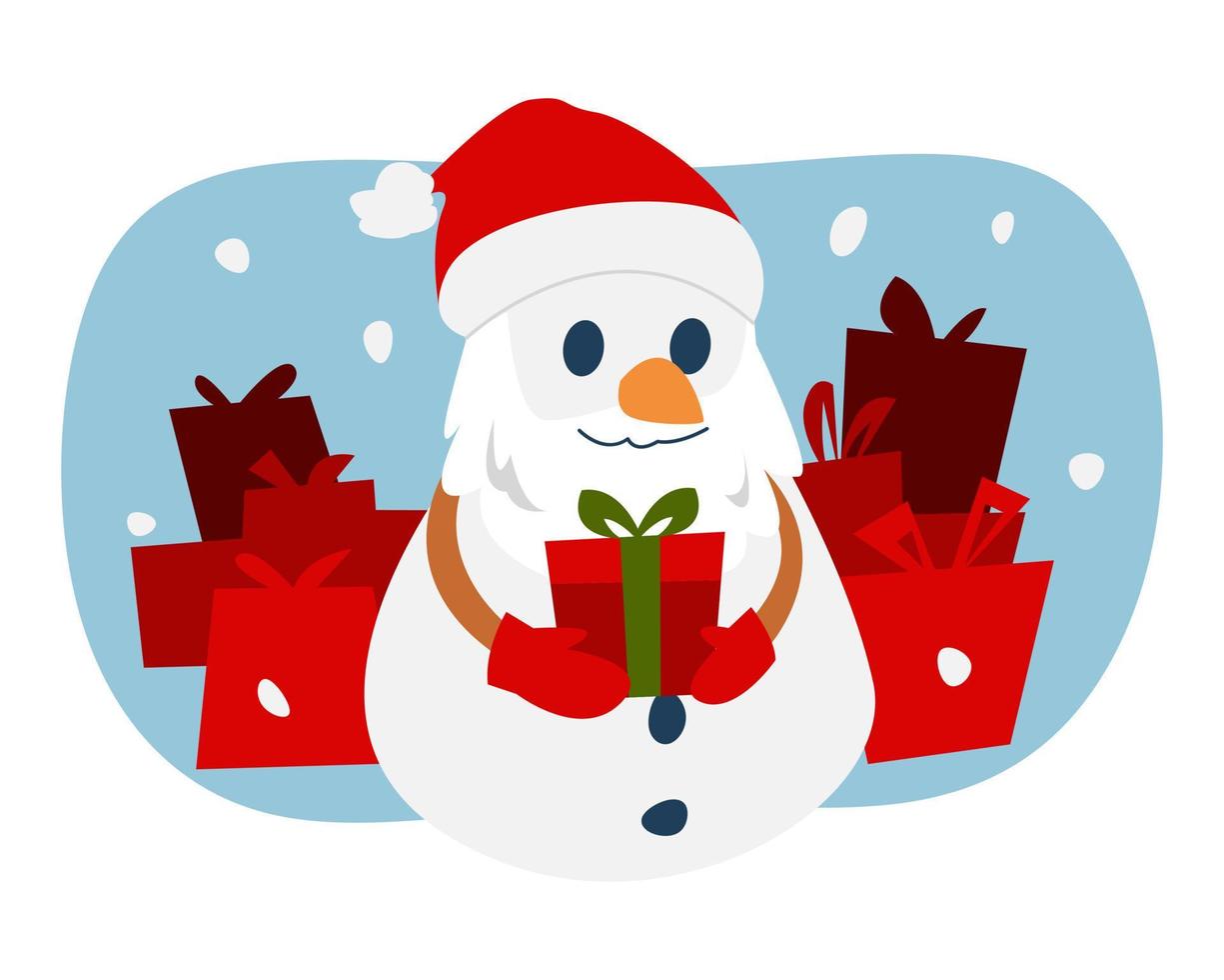 schattig gebaard sneeuwman met veel van geschenk dozen. zetten Aan een Kerstmis hoed, sjaal, en wanten. winter concept, viering. voor Sjablonen, stickers, afdrukken, stickers, enz. vector illustratie