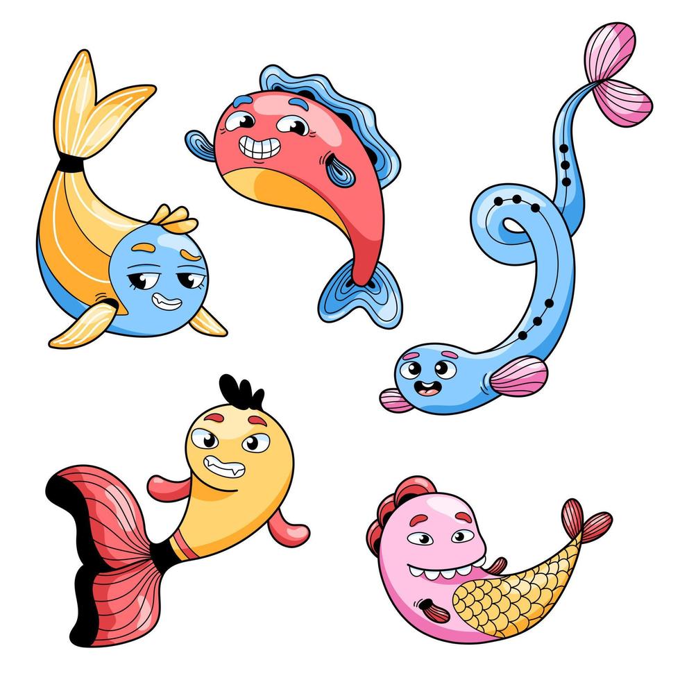 reeks van vector afbeeldingen van een vijf verschillend kleurrijk cartoonstijl getrokken vissen