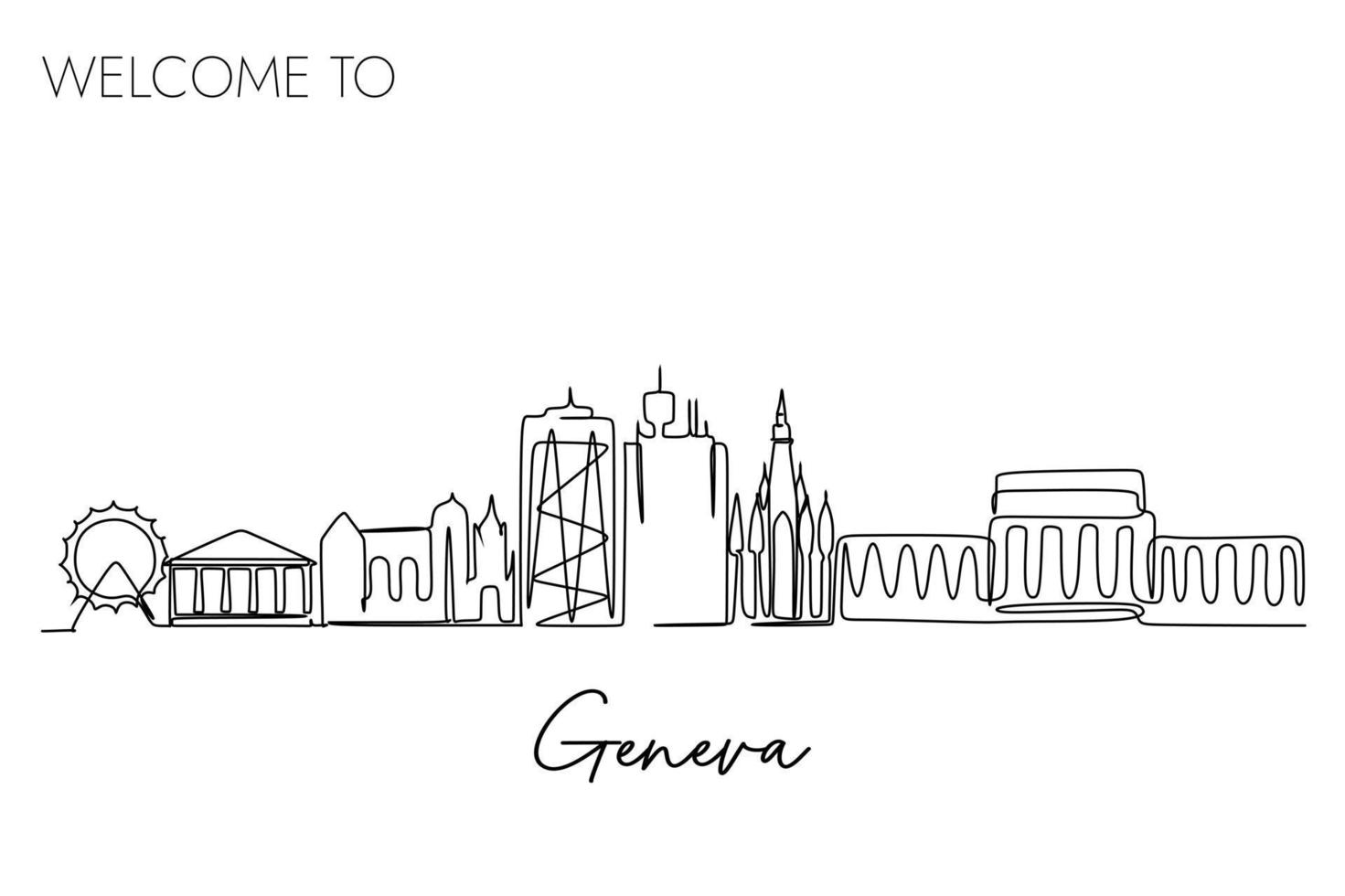 een doorlopend lijn tekening van Genève stad Zwitserland horizon. wereld beroemd toerisme bestemming. gemakkelijk hand- getrokken stijl ontwerp voor reizen en toerisme Promotie campagne vector
