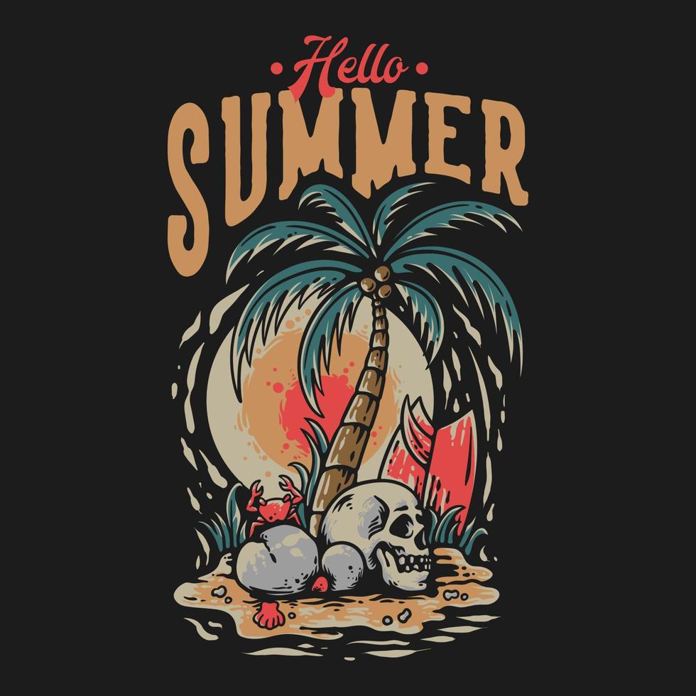 t overhemd ontwerp Hallo zomer met schedel Aan de strand wijnoogst illustratie vector