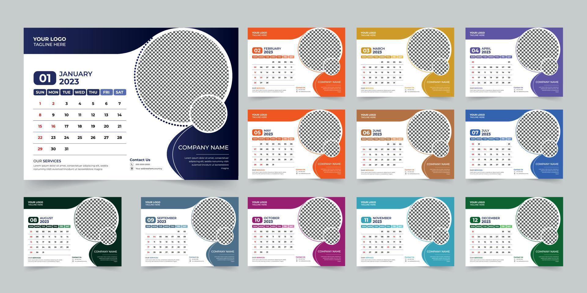 modern 2023 nieuw jaar bureau kalender ontwerp sjabloon vector, creatief hoge kwaliteit drukklare kalender ontwerp sjabloon vector