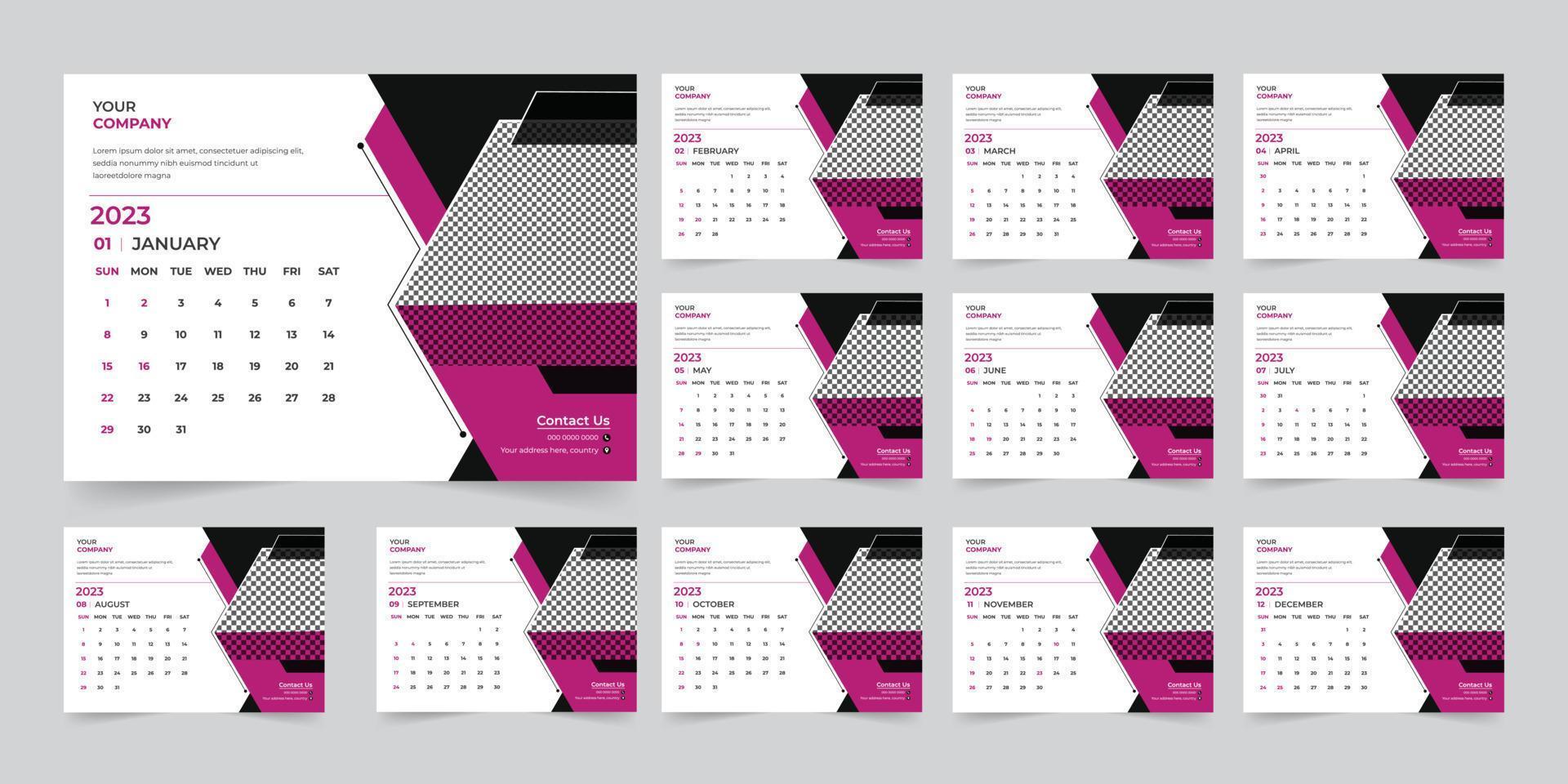 modern 2023 nieuw jaar bureau kalender ontwerp sjabloon vector, creatief hoge kwaliteit drukklare kalender ontwerp sjabloon vector