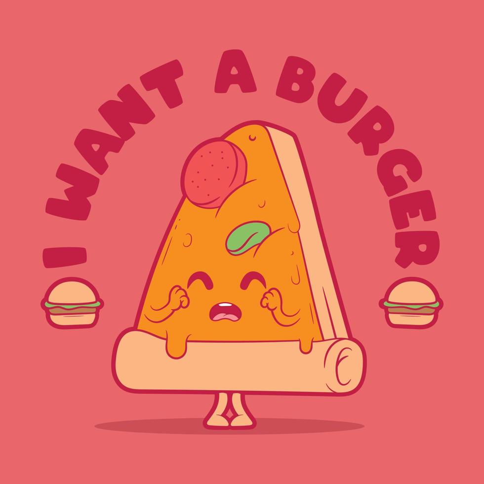 pizza plak karakter wil een hamburger vector illustratie. voedsel, grappig, logo ontwerp concept.