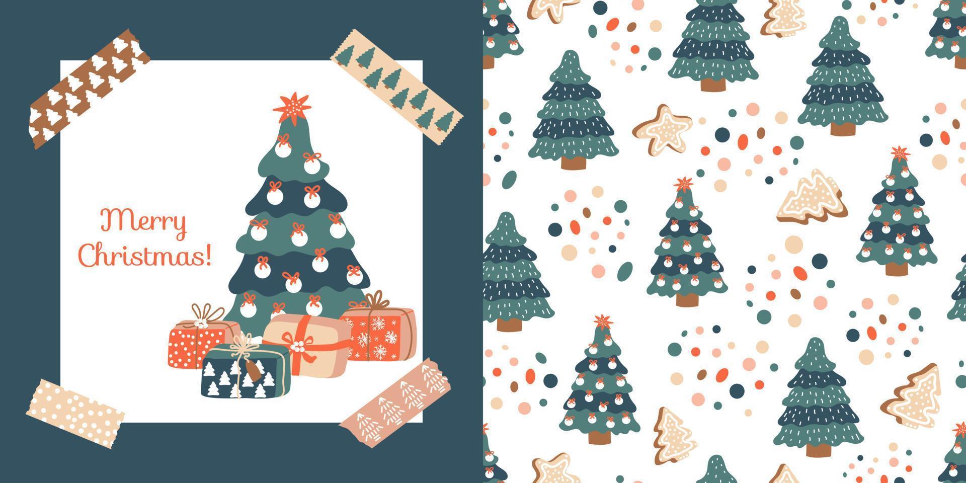 vrolijk kerstmis. ansichtkaart met geschenk dozen, net en washi banden. vector patroon met sparren, peperkoek en confetti. ideaal voor ontwerp van kleding stof, kaarten, omhulsel papier voor gelukkig nieuw jaar