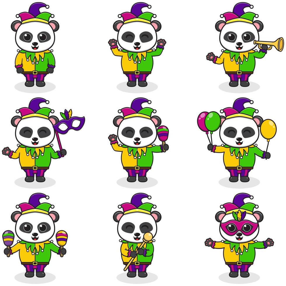 vector illustratie panda vervelend mardi gras kleren in verschillend poses geïsoleerd Aan wit achtergrond. een tekenfilm illustratie van een mardi gras panda . mardi gras nar, set.