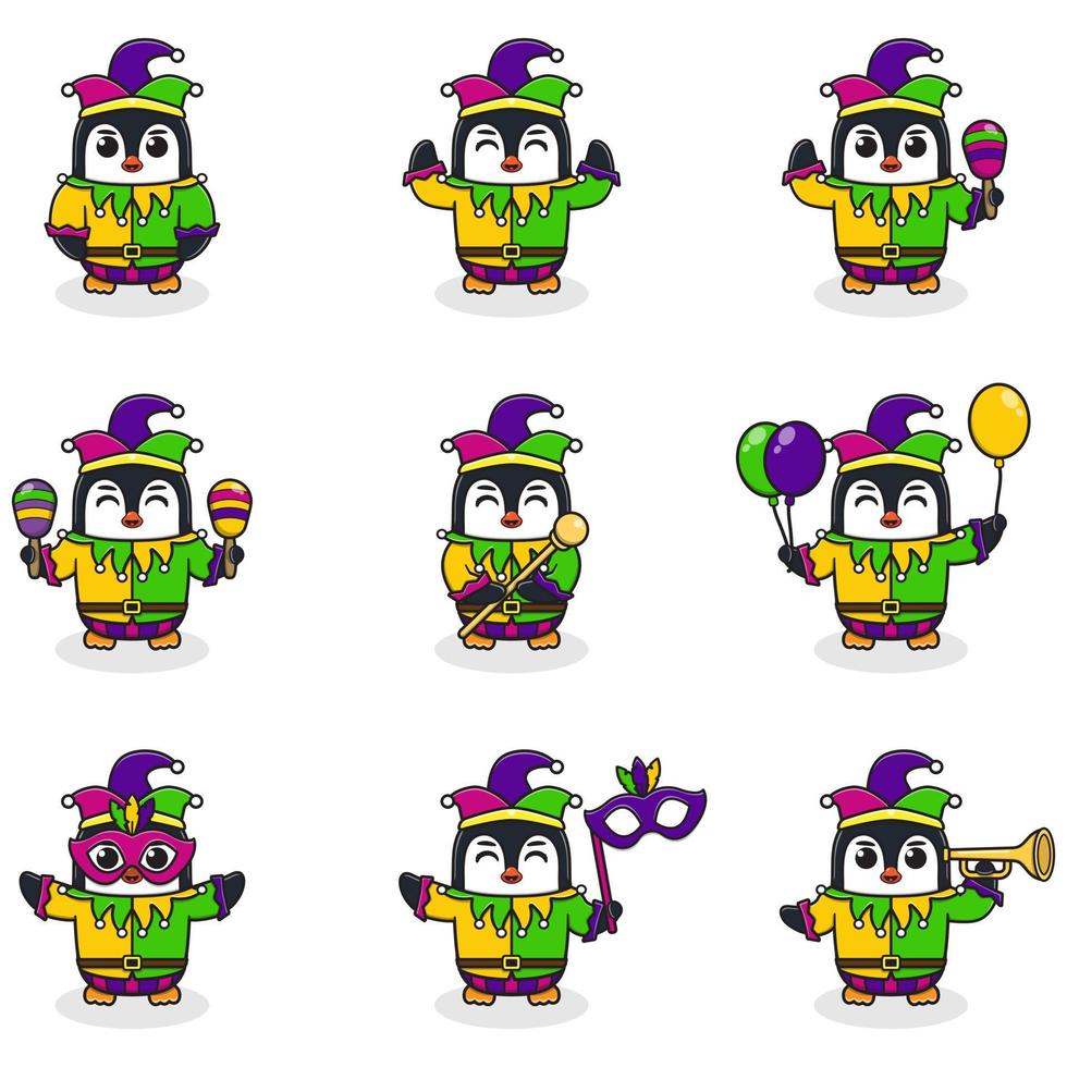 vector illustratie pinguïn vervelend mardi gras kleren in verschillend poses geïsoleerd Aan wit achtergrond. een tekenfilm illustratie van een mardi gras pinguïn . mardi gras nar, set.