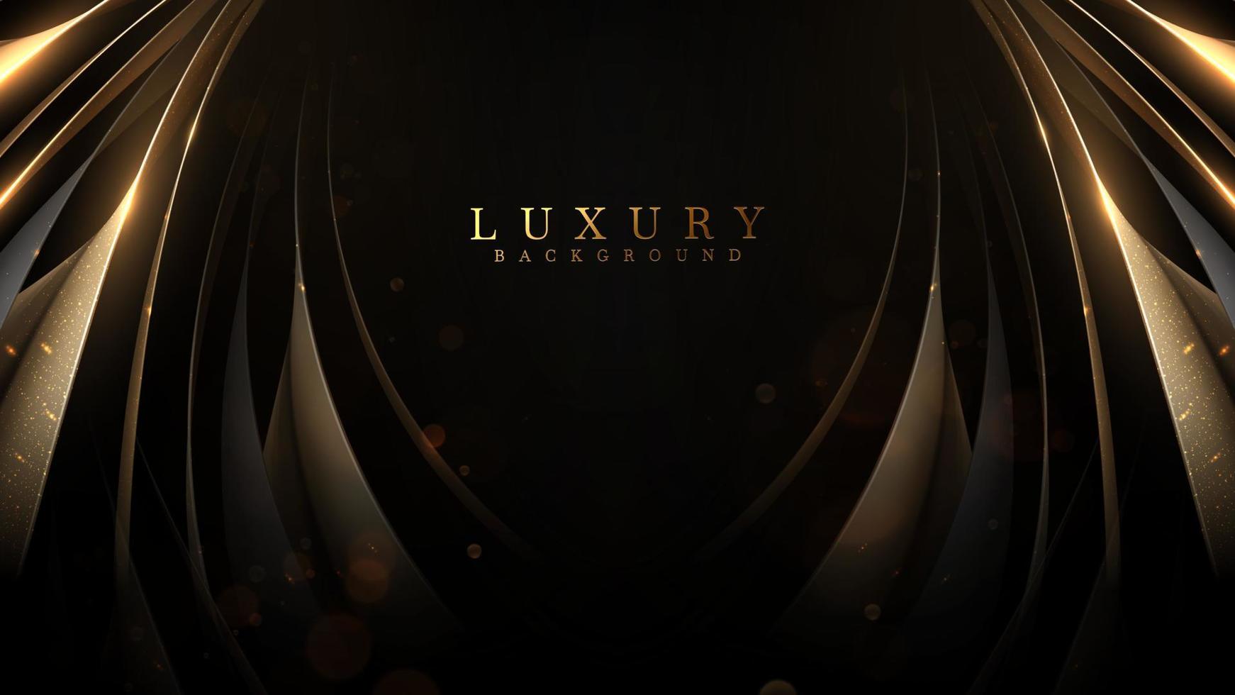 zwart achtergrond met goud lint elementen en schitteren licht effect decoraties en bokeh. luxe stijl ontwerp concept. vector illustratie.